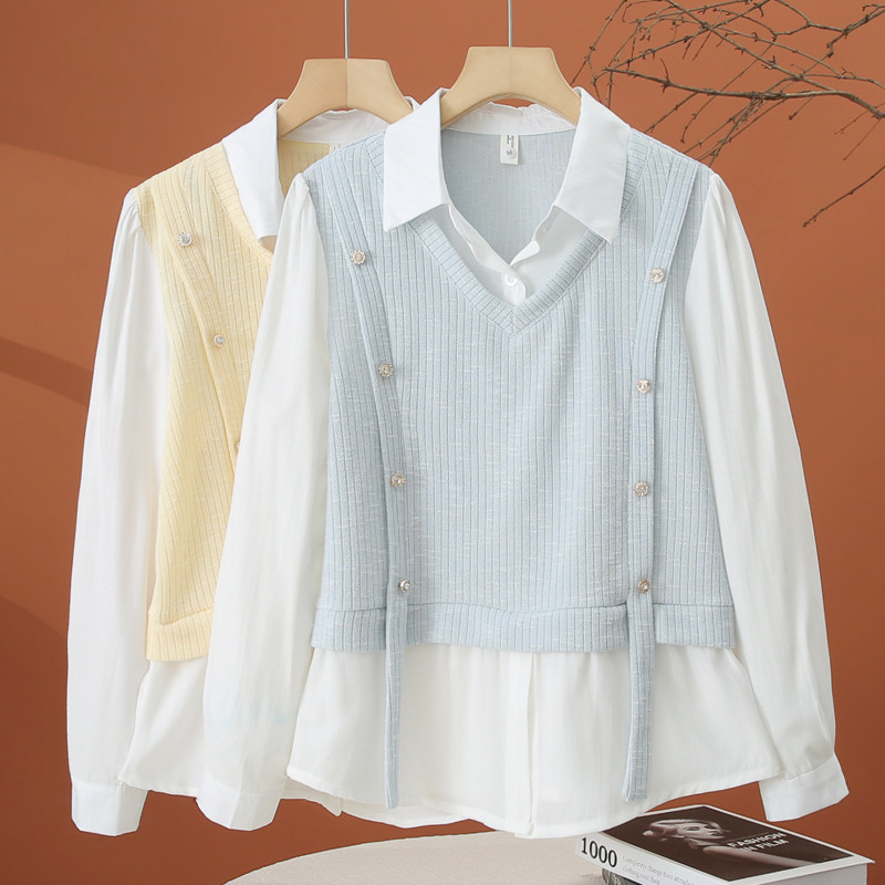 假两件长袖衬衫女春季2026新款时尚洋气拼接衬衣减龄漂亮女士上衣