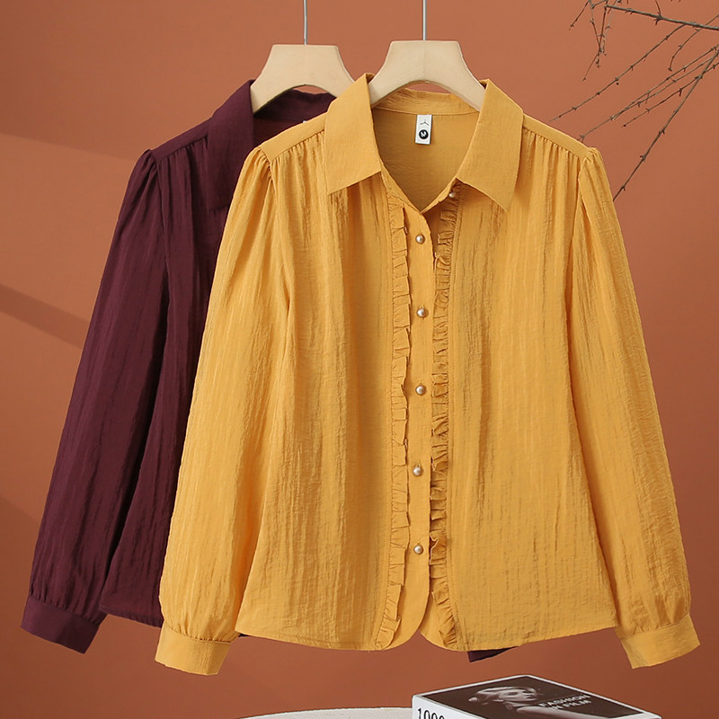 木耳边长袖衬衫女2026新款春装翻领衬衣宽松时尚洋气减龄女士上衣