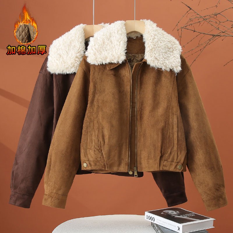 毛毛领麂皮绒夹棉外套女2025冬季