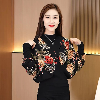 缪真薄款蝙蝠袖拼接t恤女长袖