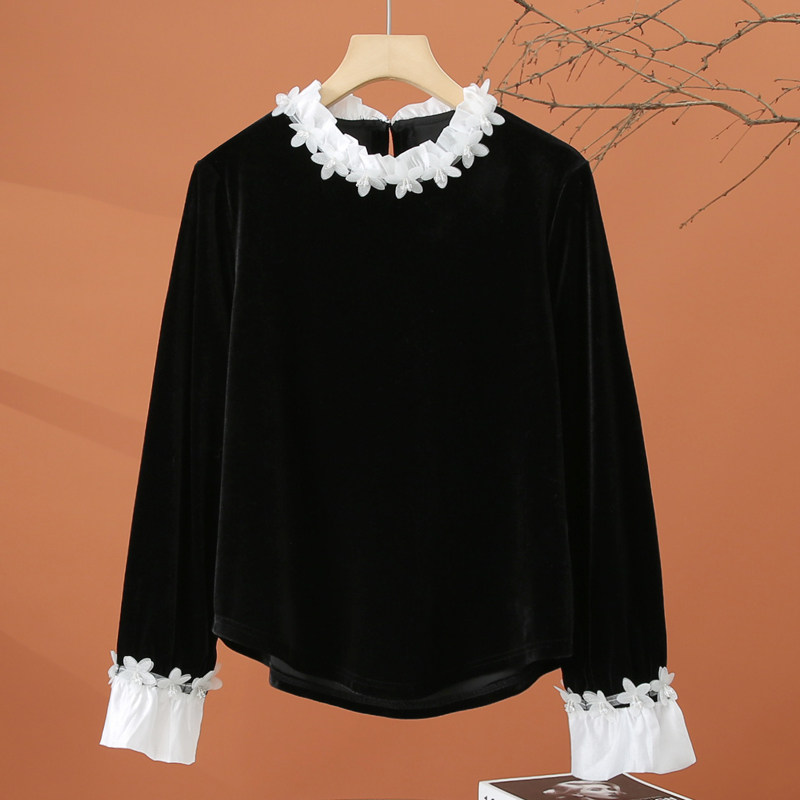 黑色长袖金丝绒t恤女春季2026新款洋气时尚小衫修身显瘦拼接上衣