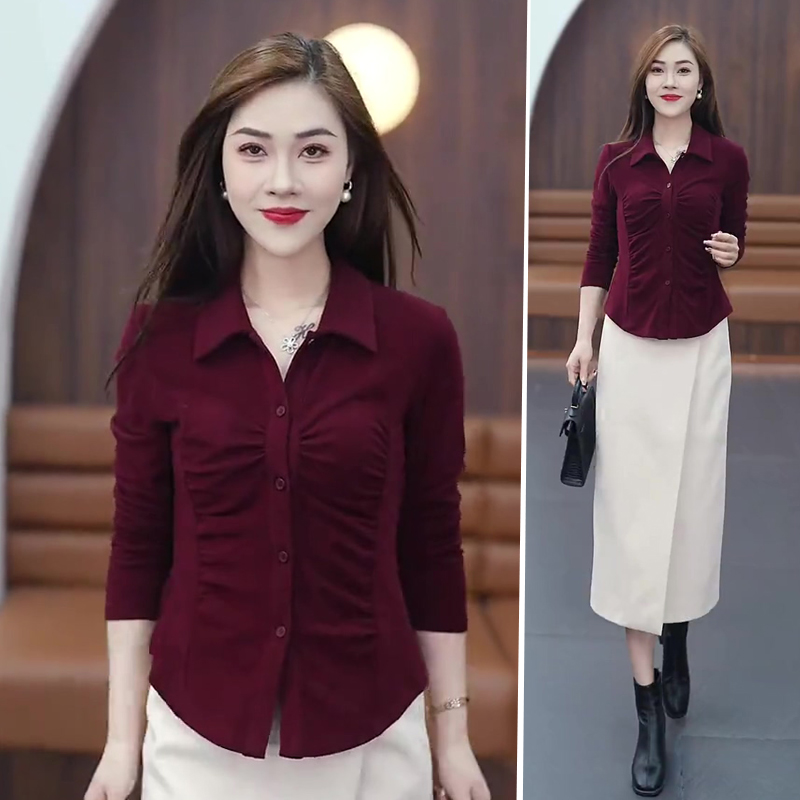长袖t恤女春秋2025新款翻领打底衫秋季修身显瘦短款女士褶皱上衣