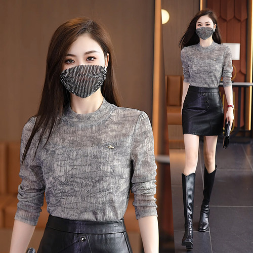 缪真长袖韩版薄款网纱打底衫女