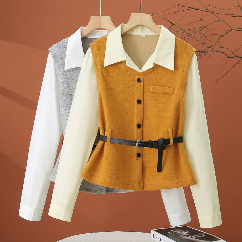 假两件针织拼接长袖衬衫女春季2026新款翻领衬衣时尚洋气收腰上衣