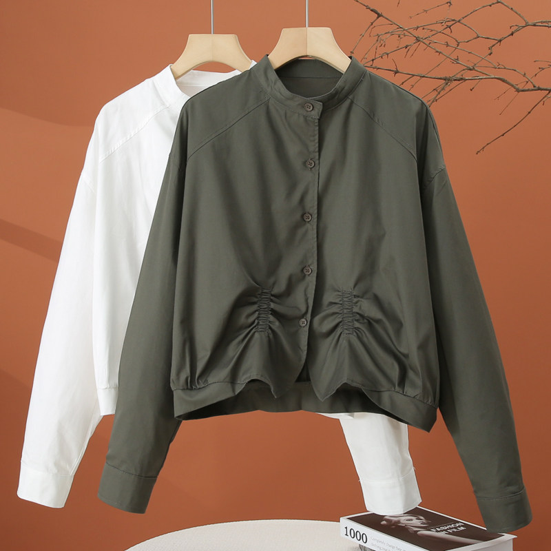 设计感长袖立领衬衫女2026春季新款时尚洋气小衫褶皱女士收腰上衣