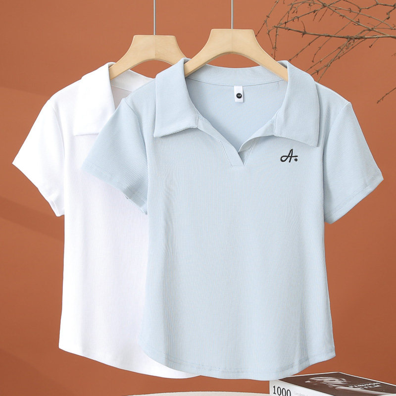 polo领短袖t恤女夏季2026新款洋气时尚小衫修身显瘦女士短款上衣