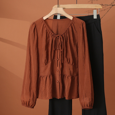 缪真高腰长袖系带衬衫女