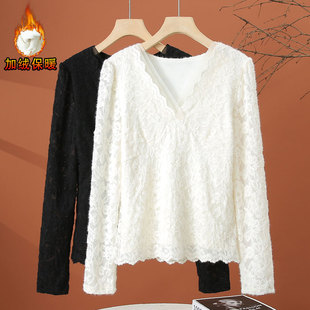 加绒蕾丝打底衫女秋冬2025新款时尚洋气小衫修身内搭白色女士上衣