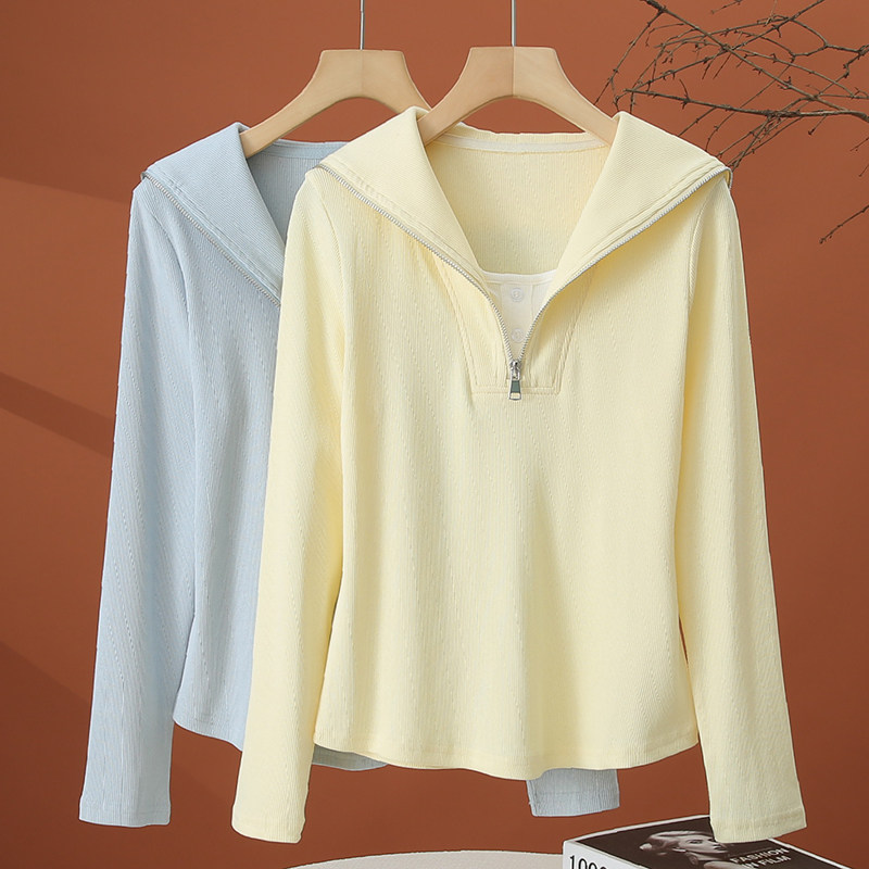 假两件海军领长袖t恤女春季2026新款洋气时尚小衫小个子短款上衣