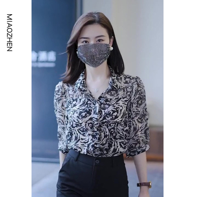 宽松韩版短袖雪纺衬衫女