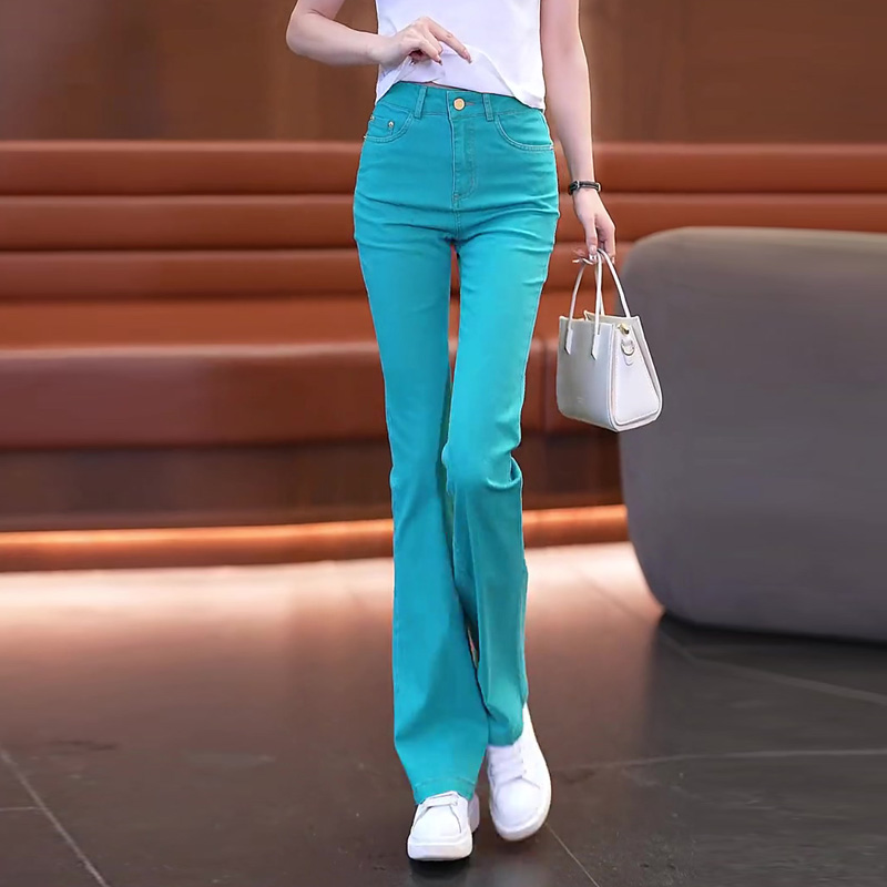 彩色微喇牛仔裤女薄款2025年新款绿色女裤夏季休闲高腰女士喇叭裤