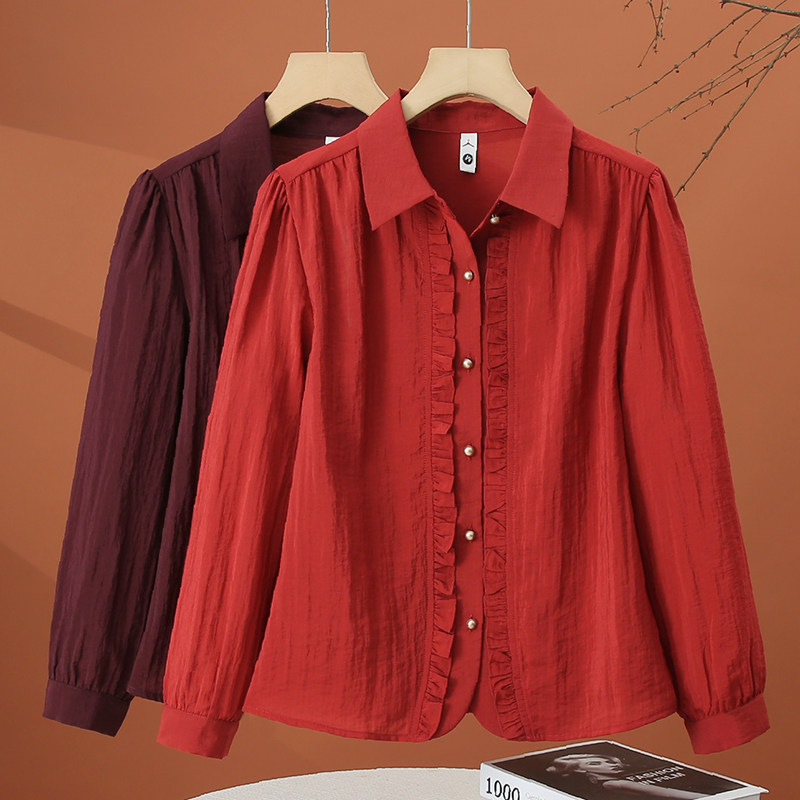 木耳边长袖衬衫女款2026年新款春装翻领衬衣宽松时尚洋气女士上衣