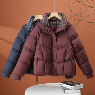格子拼接立领棉衣外套女2025冬季新款宽松百搭小棉衣冬天保暖外衣
