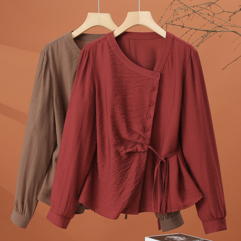不规则长袖衬衫女春季2026新款洋气时尚小衫减龄系带收腰女士上衣