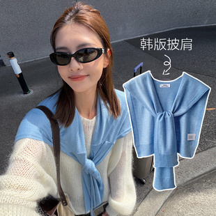 针织披肩女2026新款春夏季韩系扎染蓝系带外搭通勤高级感百搭围巾