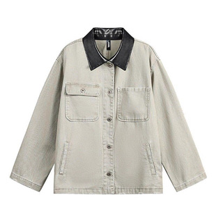 灰色大码皮领牛仔外套女秋冬款休闲宽松工装褂子美式复古夹克上衣