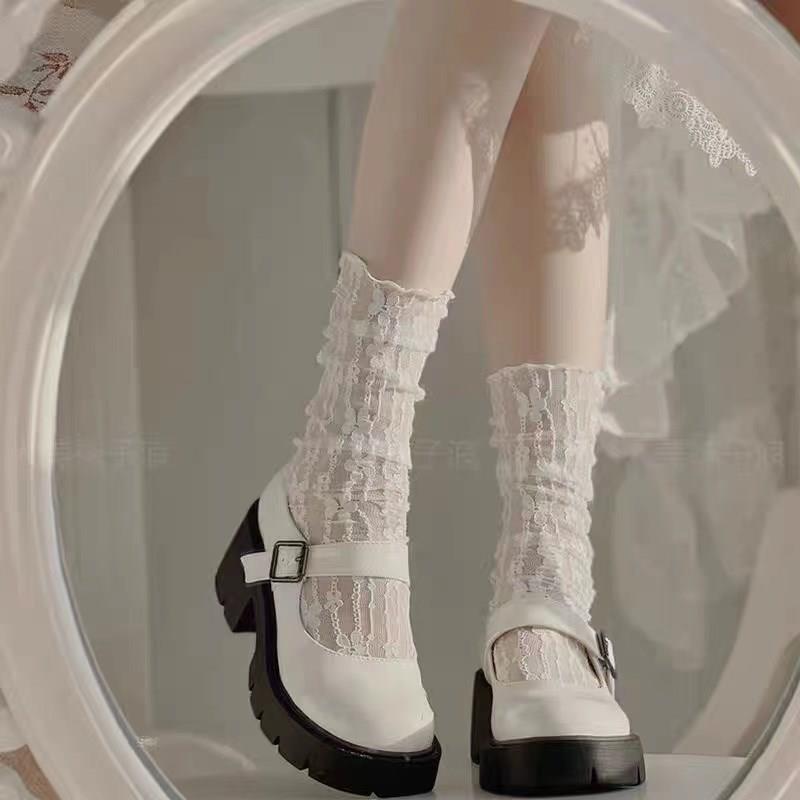 白色蕾丝袜子女款中筒堆堆袜夏季花朵玛丽珍袜子黑色春秋薄款短袜