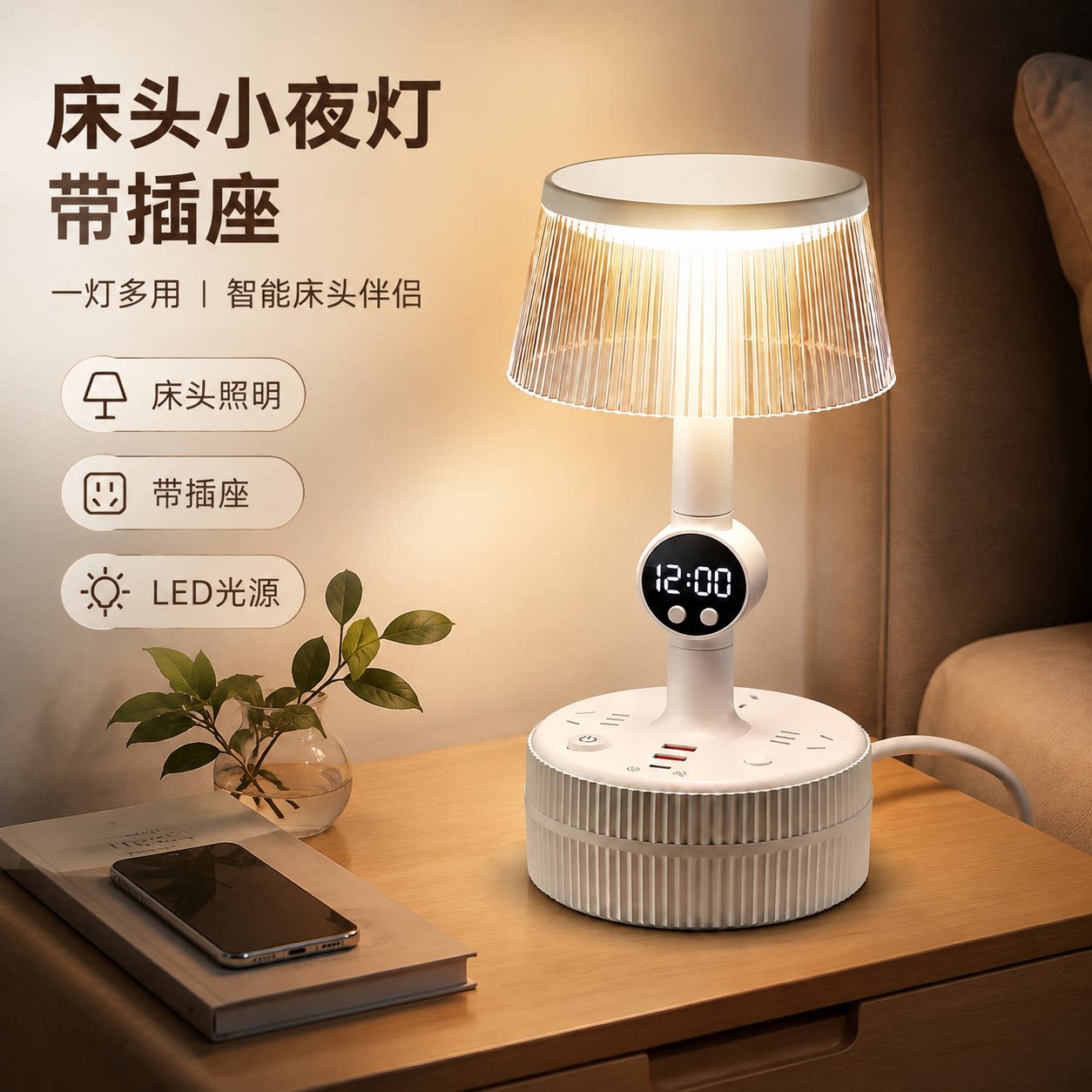 正品官方公矢卧室床头插座灯桌面小夜灯家用床头柜灯具轻奢风格居