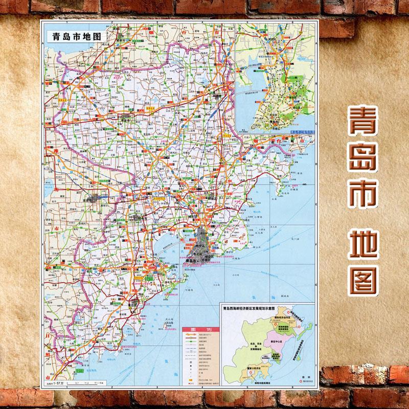 2021新款 超大巨幅 青岛市墙贴 交通行政区划图 装饰画海报地图
