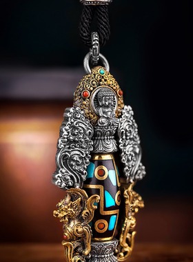 种花家无事牌阿弥陀佛 九眼天珠吊坠男士项链复古国潮护身