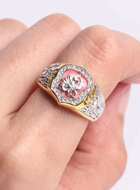 种花家无事牌银黄财神指环式复古潮流风格银