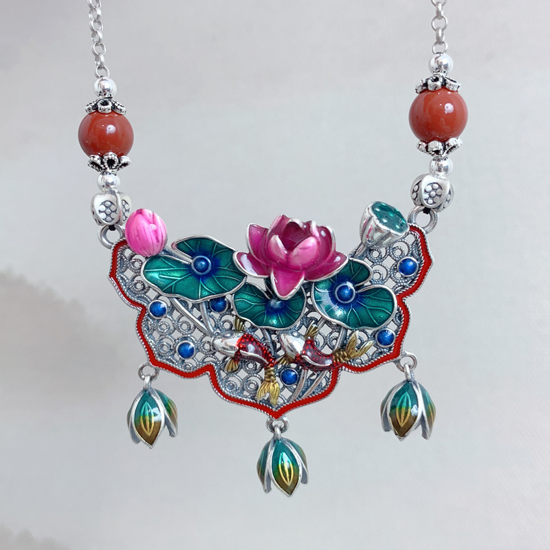 种花家无事牌925银荷塘月色流苏项链女古典气质荷花吊坠锁骨民族