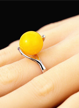 种花家无事牌S925银戒指空托镶嵌8-12mm蜜蜡圆珠diy活口可调节