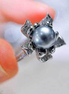 种花家无事牌diy配件新款s925银莲花珍珠戒指时尚优雅气质开口