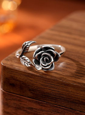法国cherrykoko欧美新款925银复古玫瑰花戒指女 个性百搭手