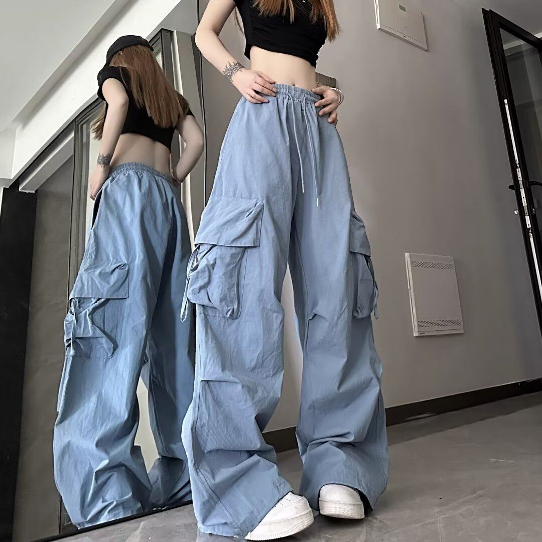 美式复古工装裤女夏季高腰直筒