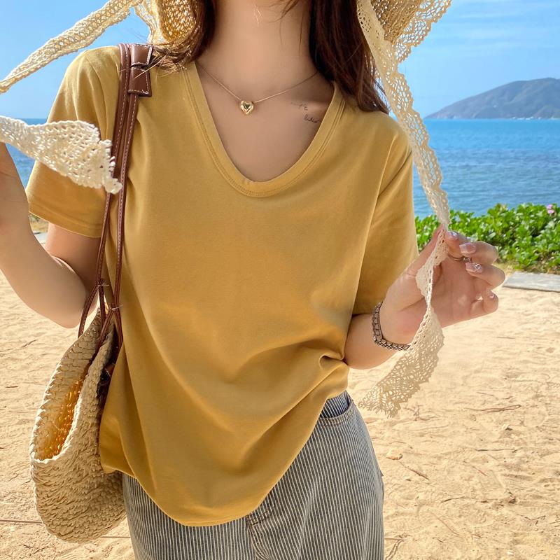 V领短袖t恤女2025新款显瘦正肩半袖体恤内搭宽松夏季黄色纯棉上衣