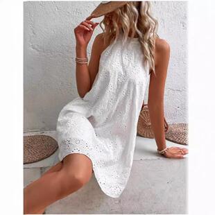 Ladies Lace Solid Color Sleeveless Button Halter Neck Dress