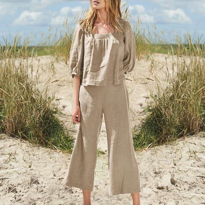 Plus size womens solid color pants suit cotton and linen