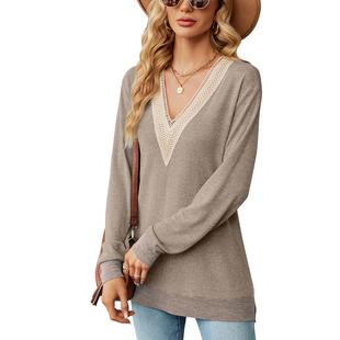 neck split long sleeved Lace women contrast top color