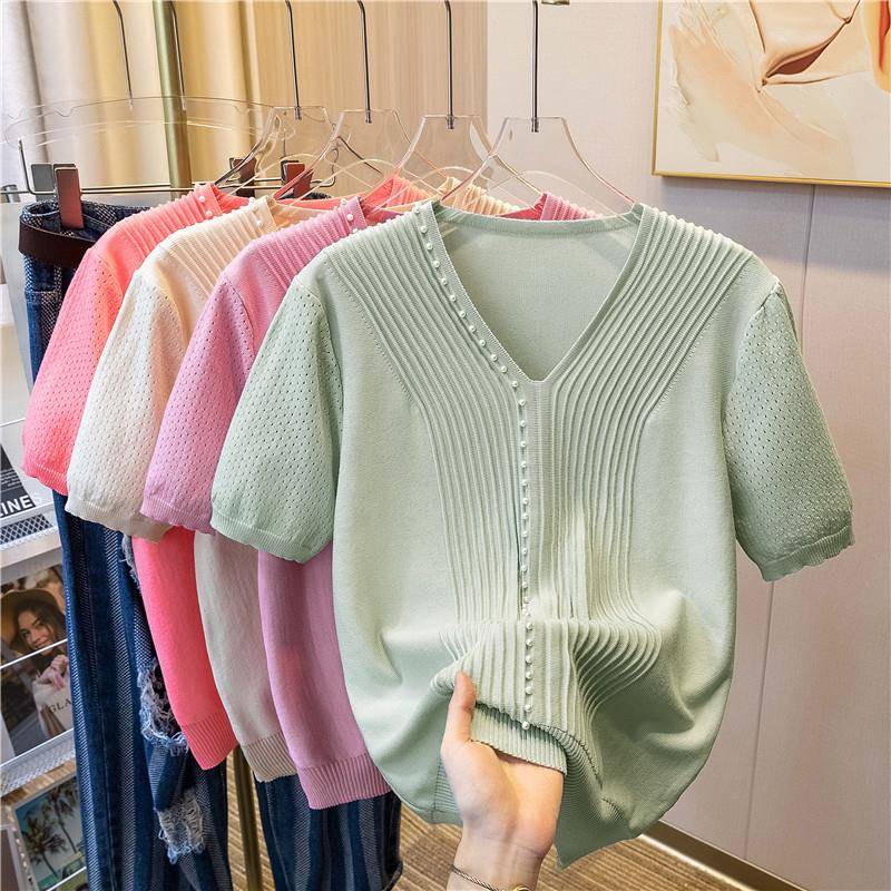 T-shirt summer short-sleeved suit silk knitted V-neck ice