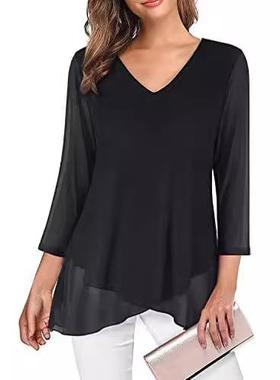 Womens formal three-quarter sleeve waist top asymmetric hem