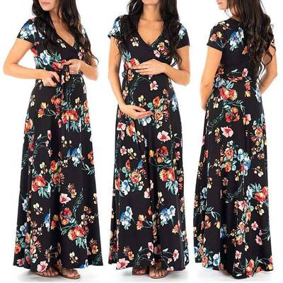 Maternity dress women's belt nursing short sleeve long dress