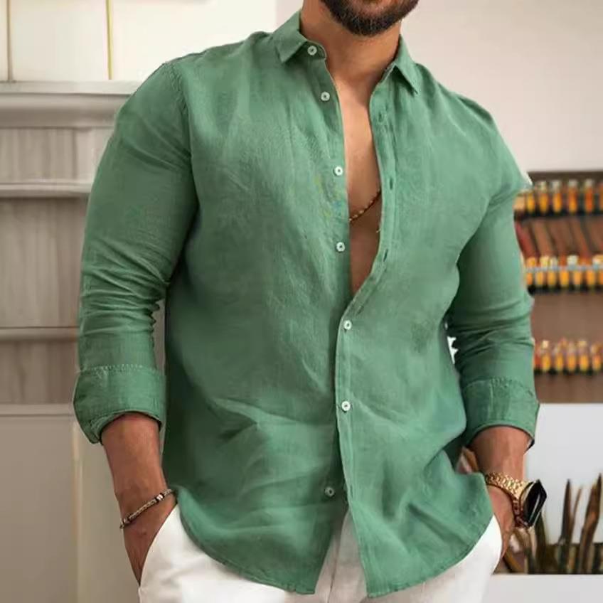 Cotton and linen solid color mens shirt youth casual