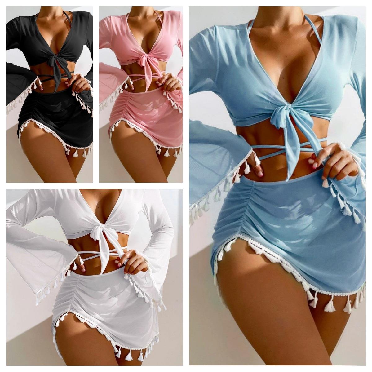 women swimsuit bikini skirt mesh blouse tassel color solid