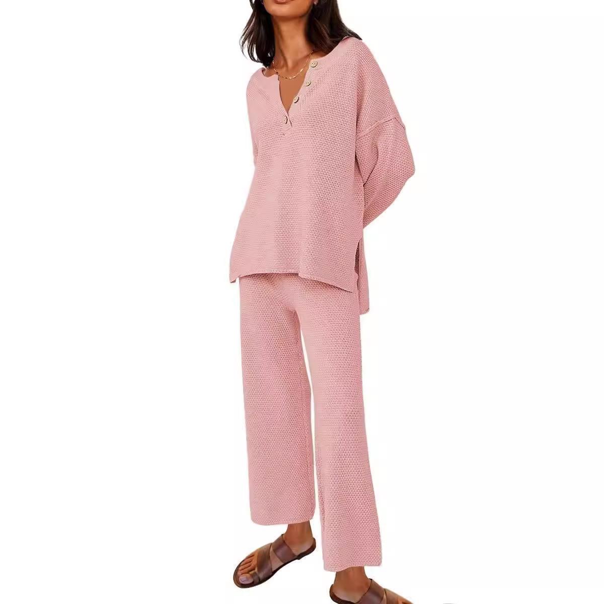 button piece and plus tops knit casual pants long outfit