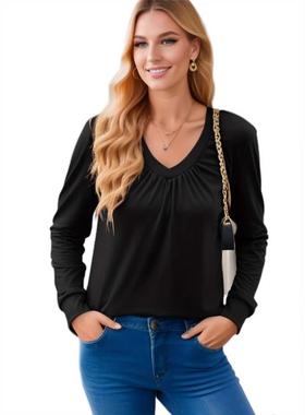 T-shirt top loose sleeve ruffle V-neck pleated color solid
