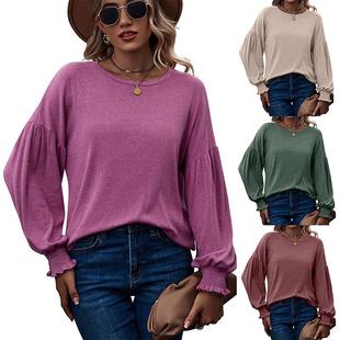 Tops Pleated shirt Long Ladies Neck Lantern Sleeves Round