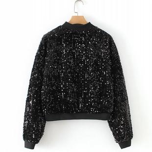 women black sequin bomber jacket loose stand collar  spring