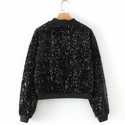 women black sequin bomber jacket loose stand collar  spring