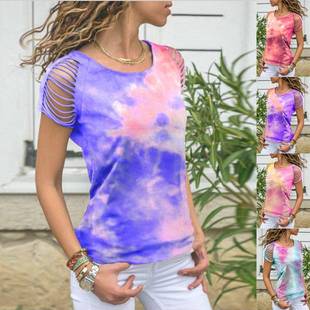 T-shirt short-sleeved off-shoulder flower ripped tie-dye