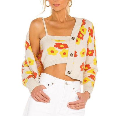 Floral Cropped Sweater Breasted Sleeve Single Knit Long