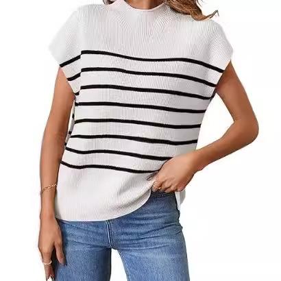 Womens Sweater Cap Sleeve Mock Neck Basic Loose Knit