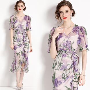 tea square temperament neck slim waist dress break long