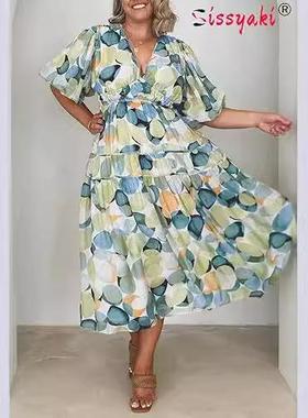 Womens Bohemian Floral Midi Dress Smocked Beach Flowy Dress