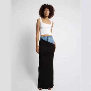 skirt denim long stitching pleated black piece two fake